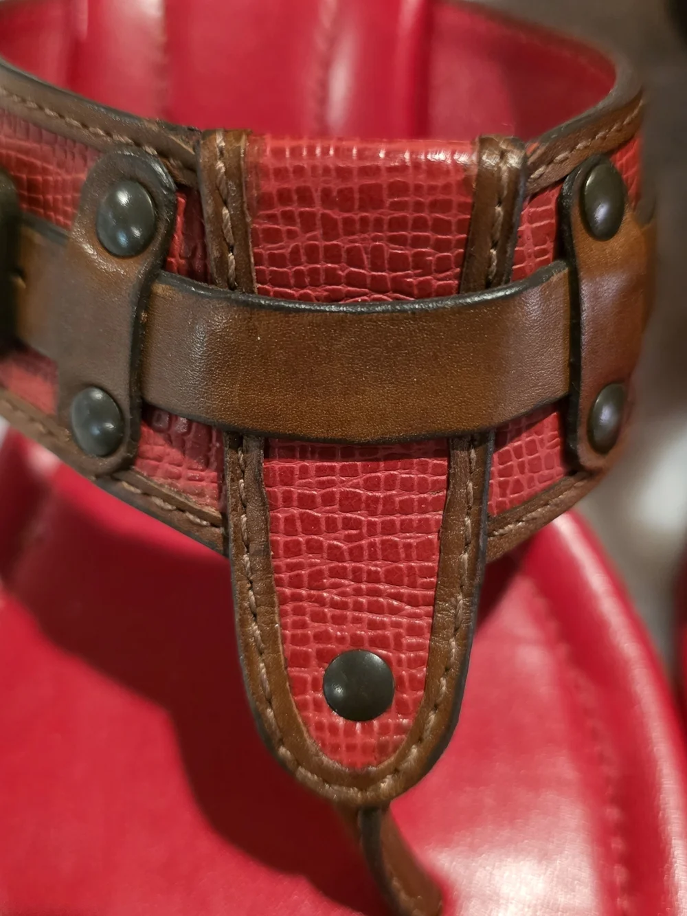 Cole Haan Red Thong Sandals with Brown Accent Straps and Stud Details - Picture 3 of 16